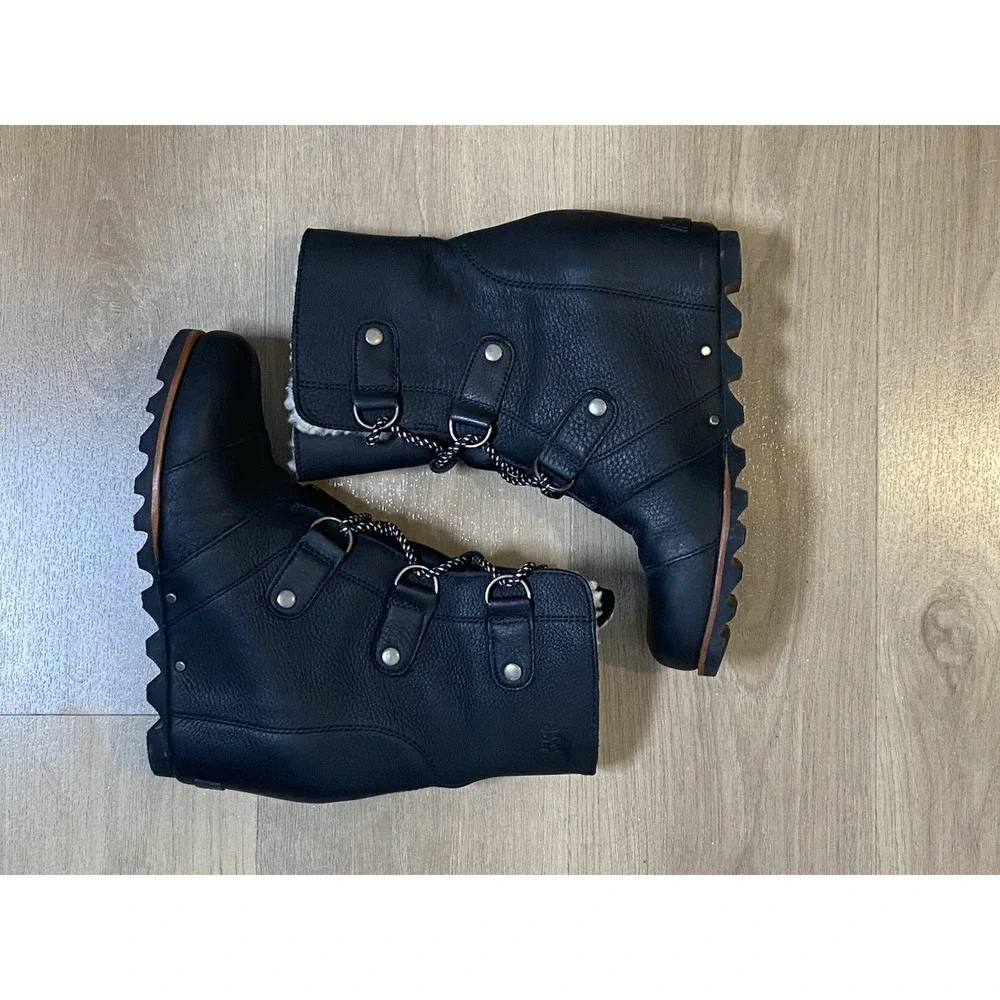 Sorel Joan of Arctic Wedge Black Leather Shearling Winter Snow Boots Women's 8.5